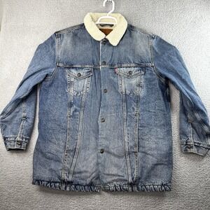 Levis Mens Jean Jacket Blue Flap Pockets Faux Fur Lined Point Collared Button L